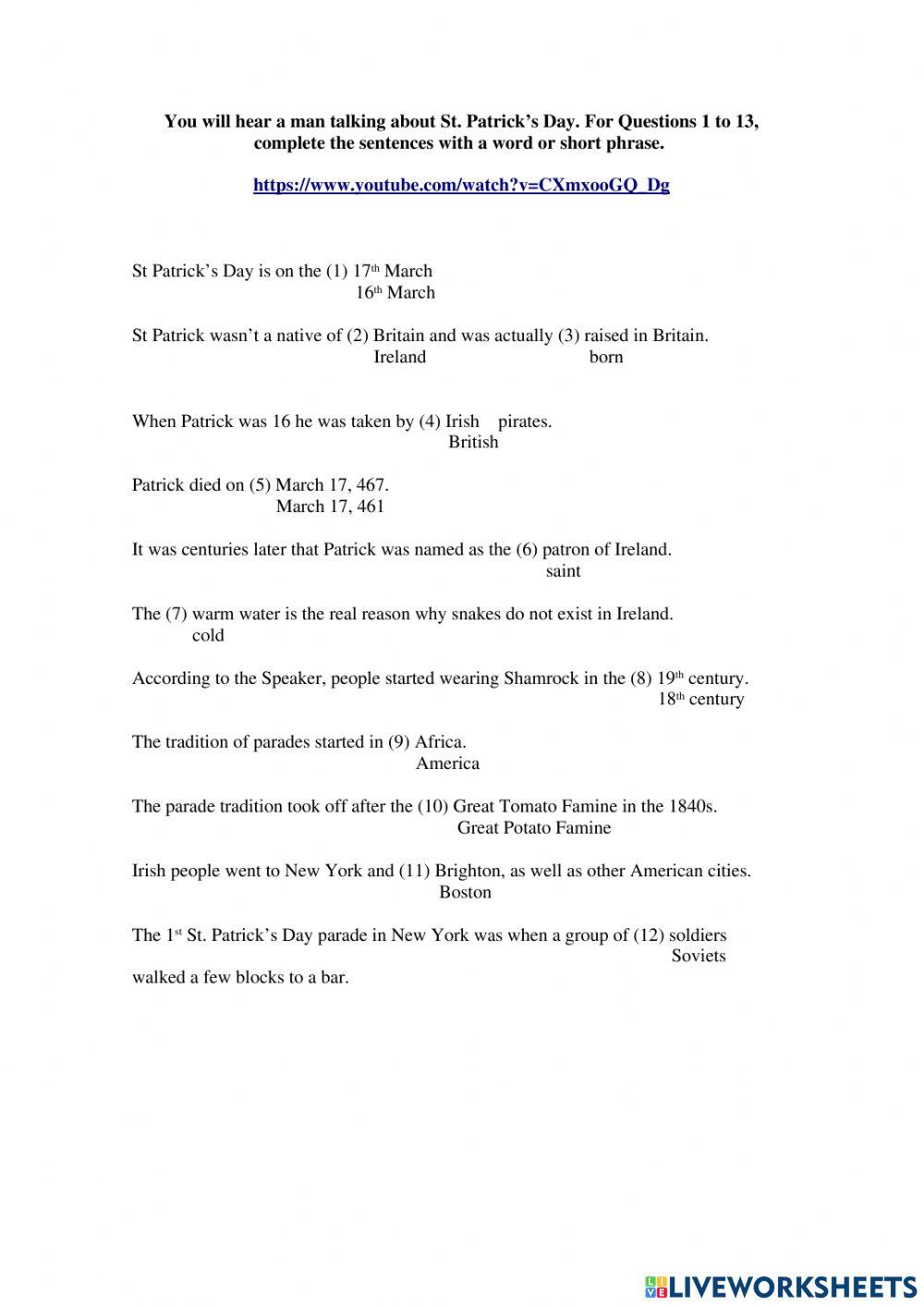 St Patrick's Day multiple choice