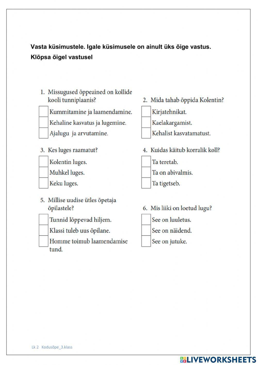 Kollide kool - lugemistest (3.klass)