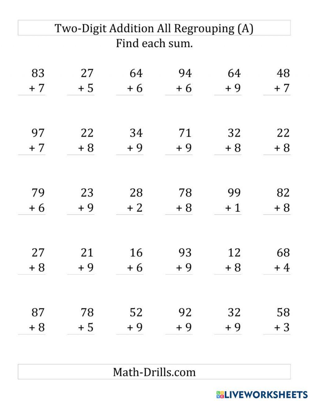 Add 2-digit number with regrouping online exercise for | Live Worksheets