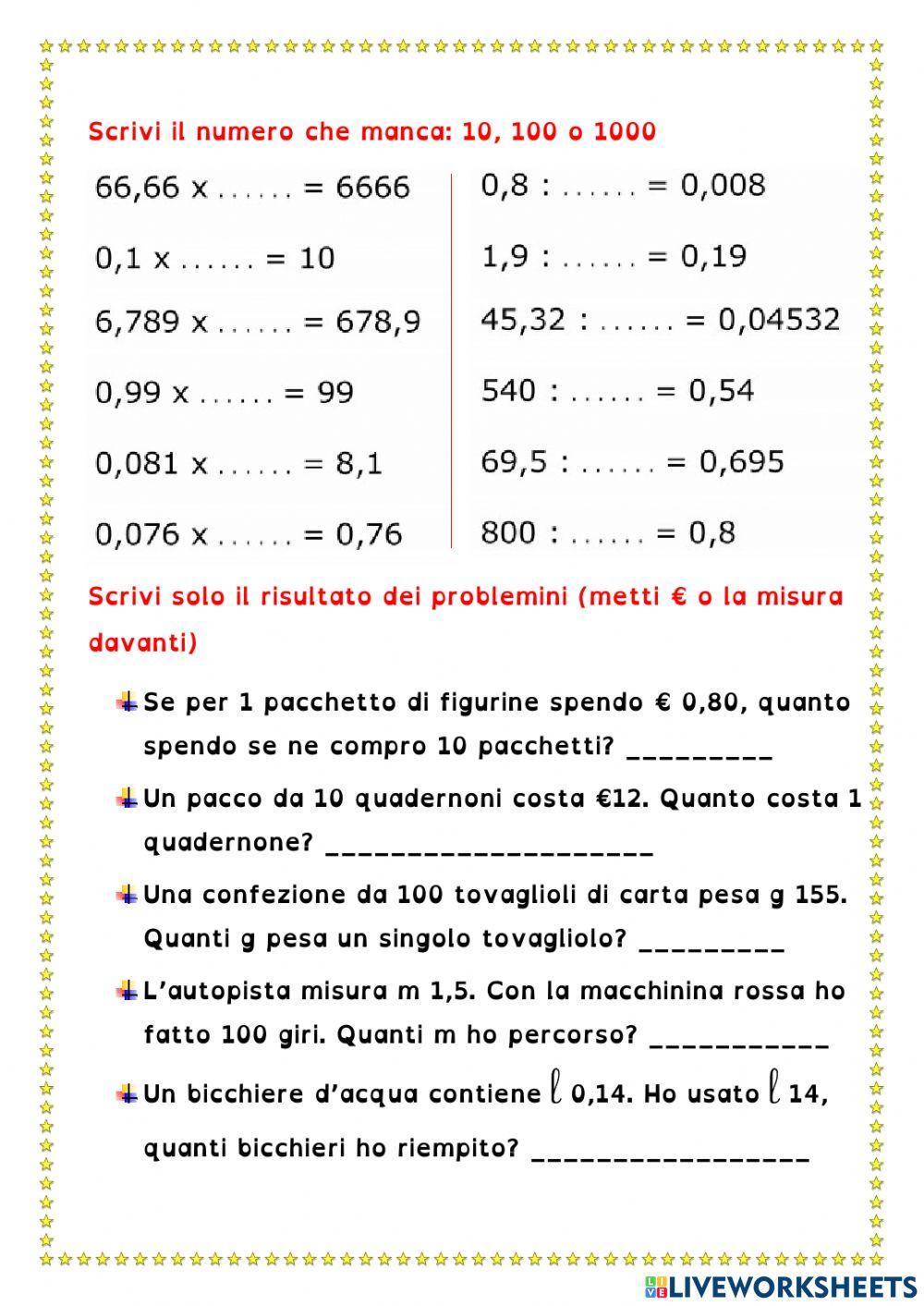 Moltiplicazioni e divisioni con i decimali