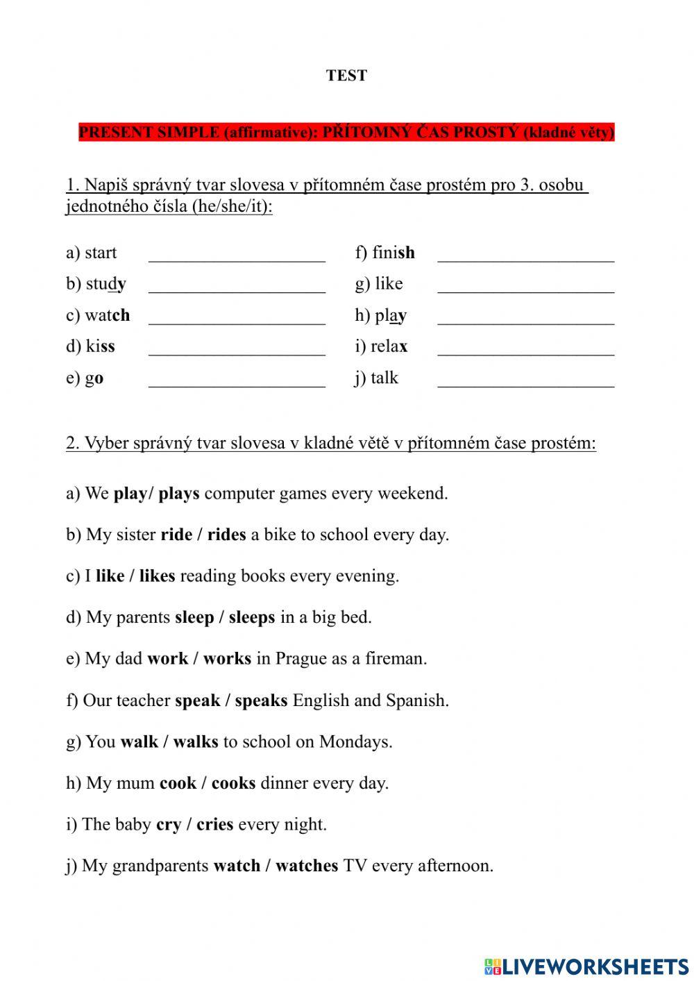Present simple - affirmative interactive activity | Live Worksheets