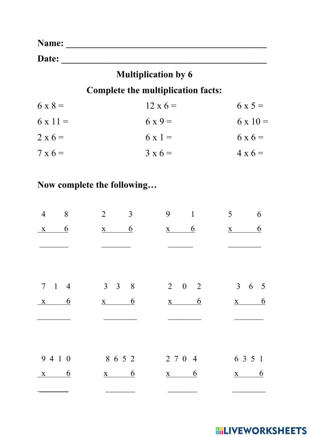 Multiplication by 6 worksheet Live Worksheets