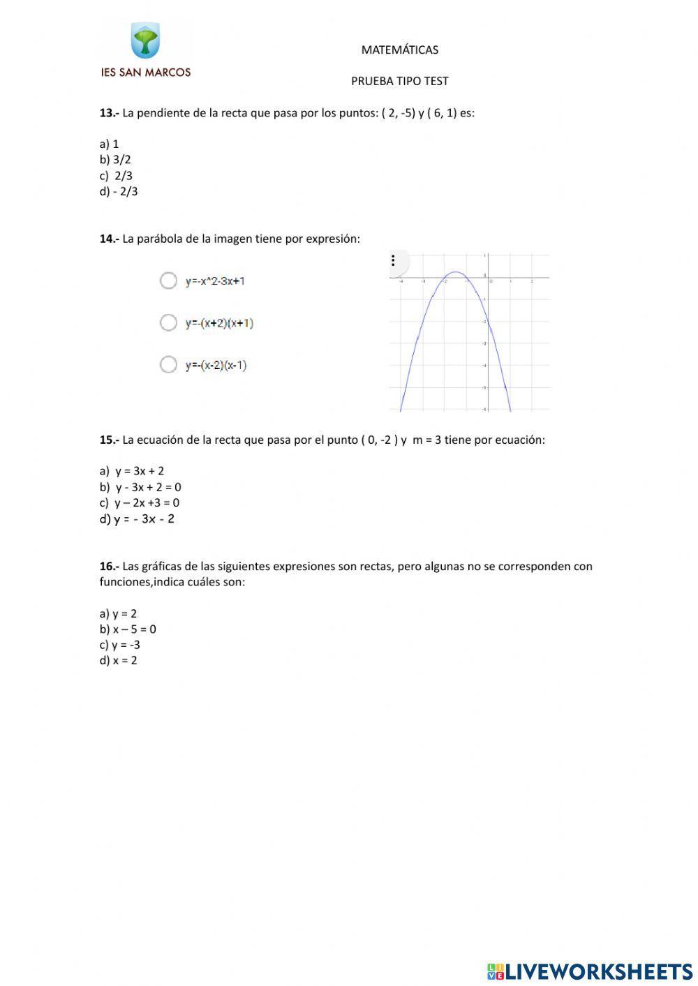 Examen tipo test funciones elementales