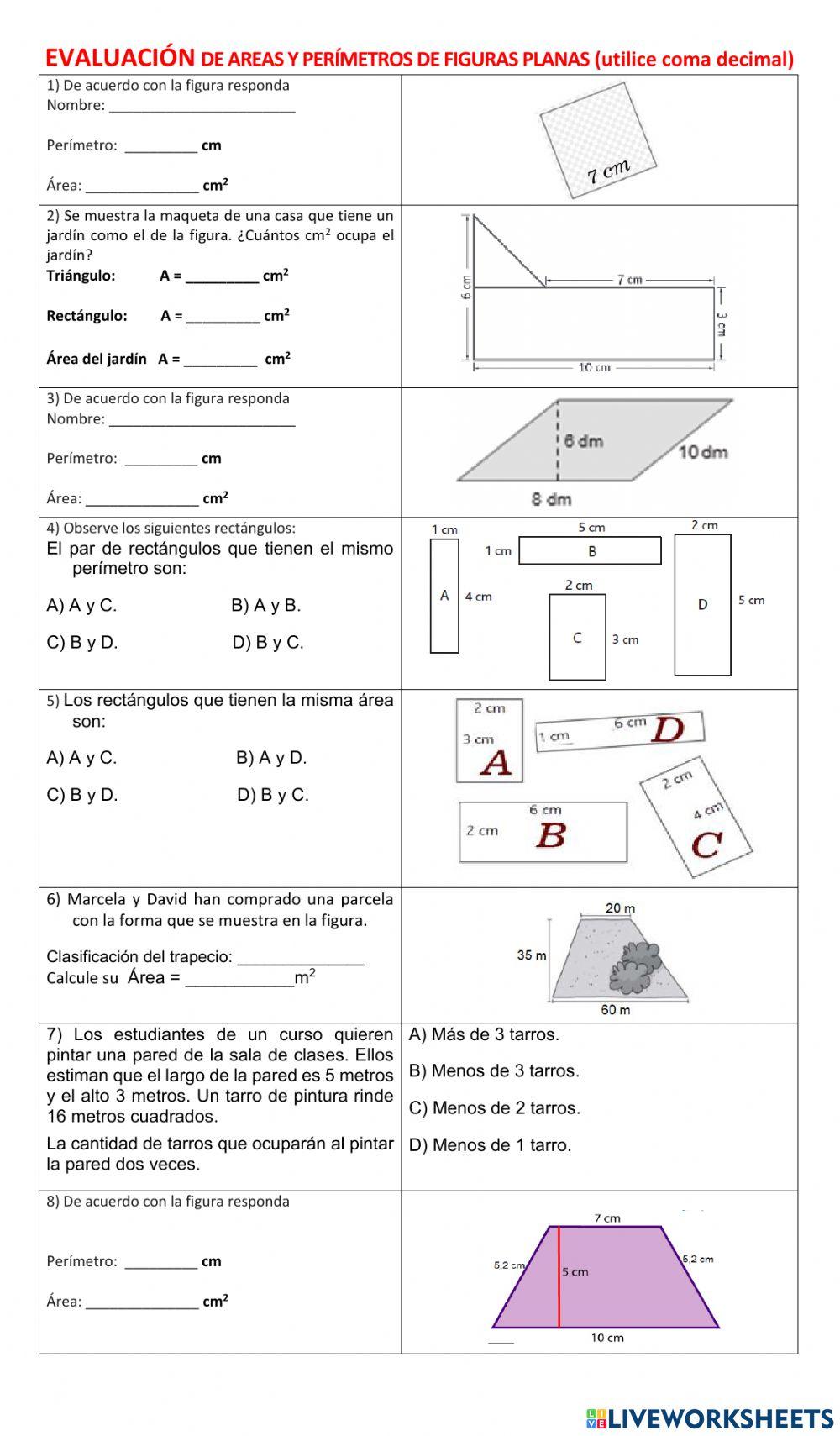 Evaluacion perimetro y área Evaluacion perimetro y área