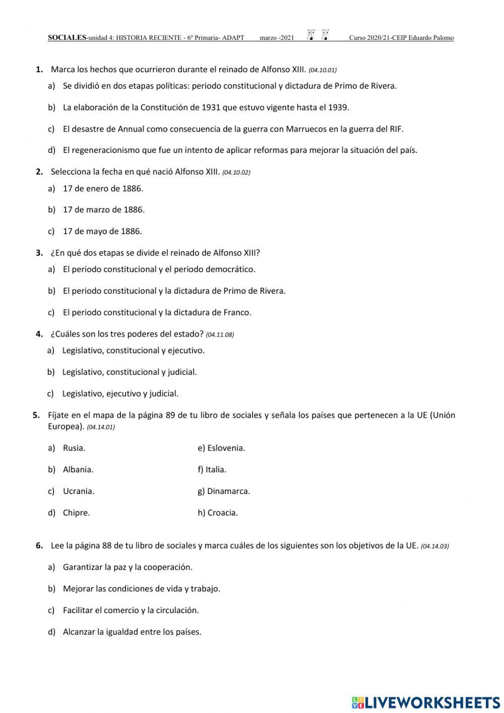 Test Adaptado historia reciente españa