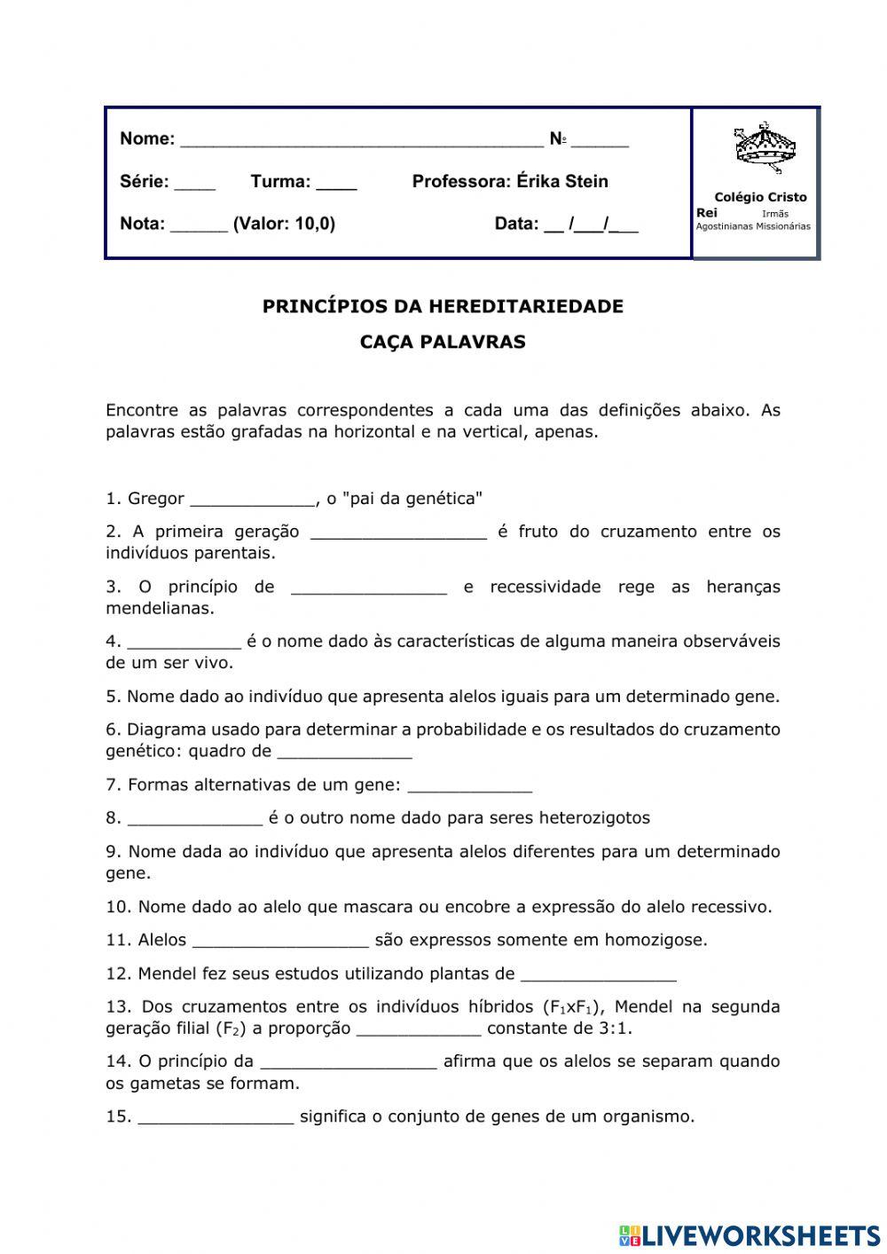 Caça-palavras: Hereditariedade Caça-palavras: Hereditariedade