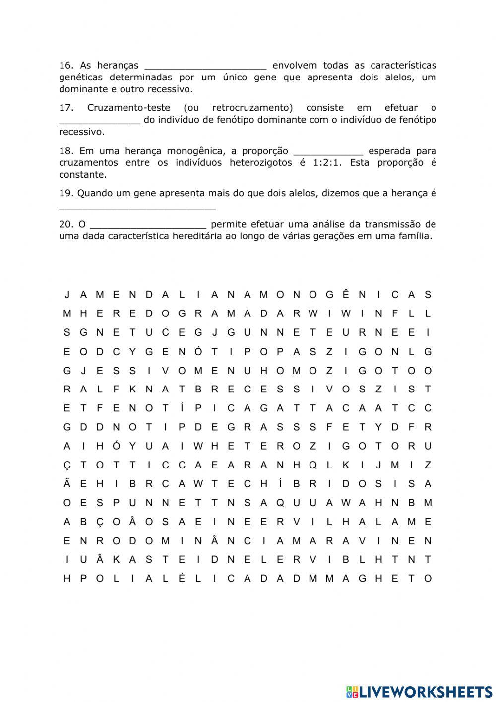 Caça-palavras: Hereditariedade Caça-palavras: Hereditariedade