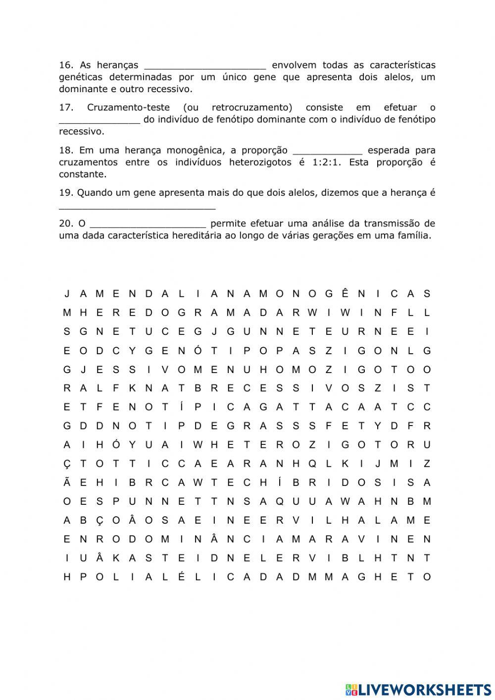 Caça-palavras: Hereditariedade worksheet | Live Worksheets