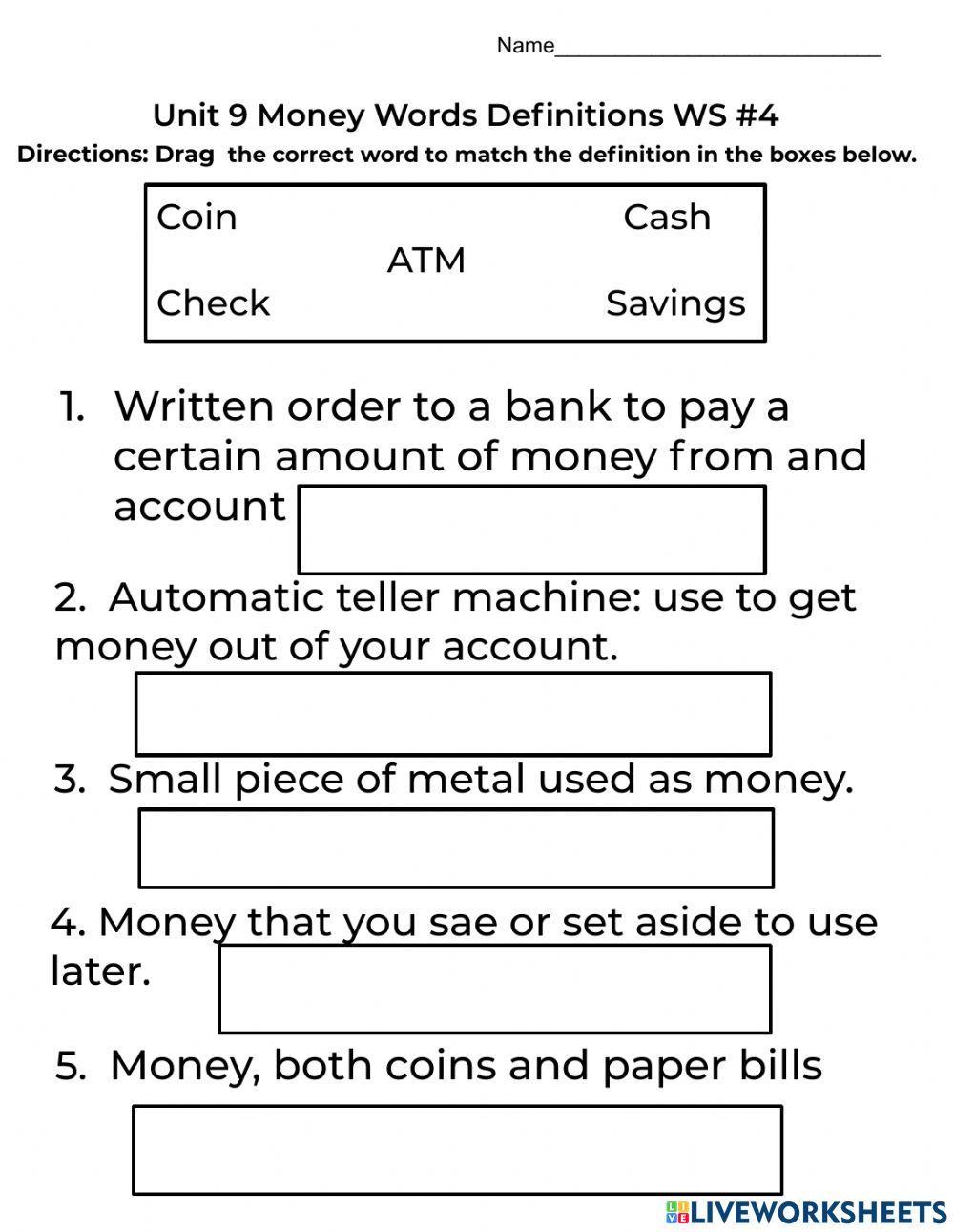 Unit 9 Money Words Drag and Drop WS-4