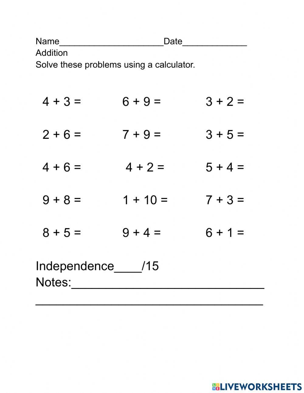 Math addition problems using a calculator