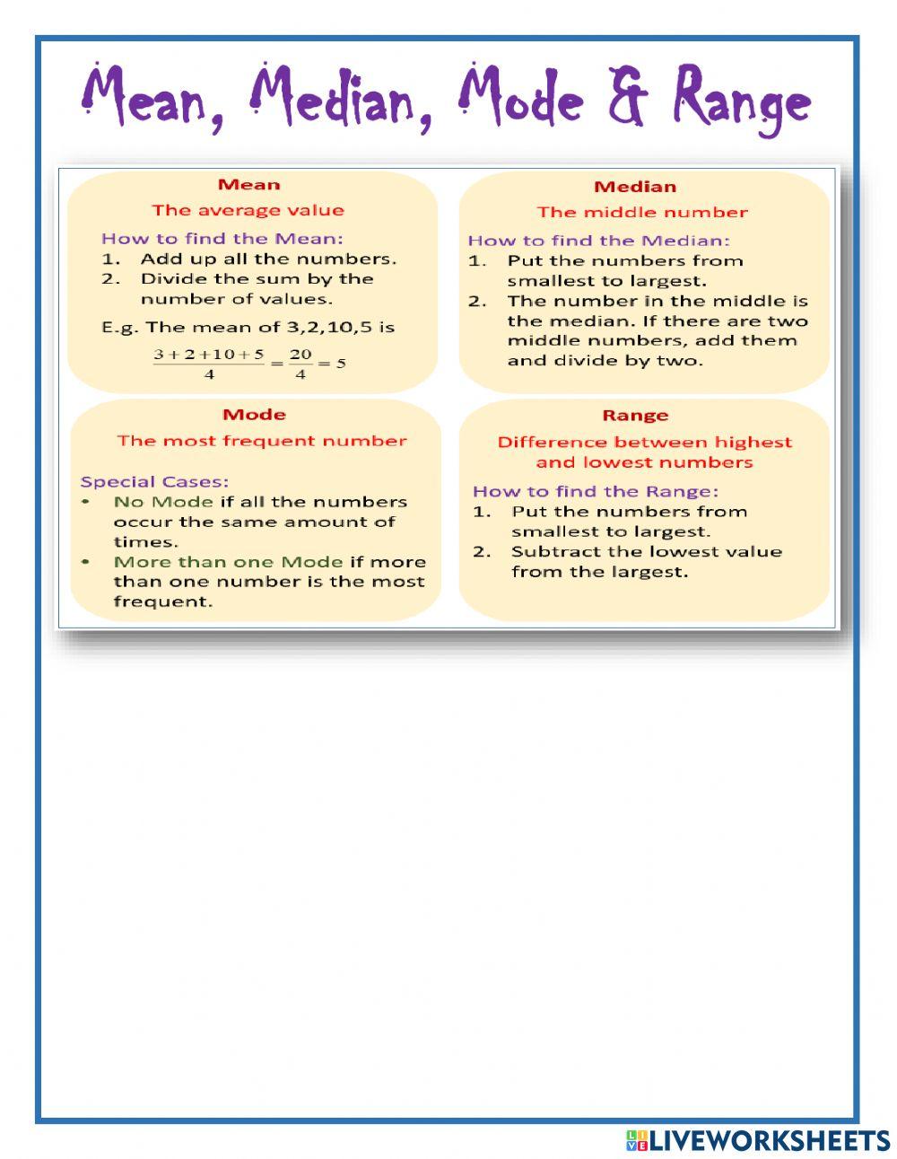 Mean, Median, Mode & Range worksheet | Live Worksheets