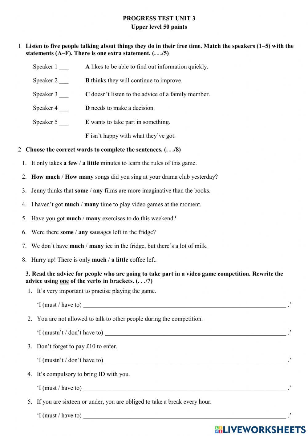 Progress Test Unit 3-2 (pre-inter.)
