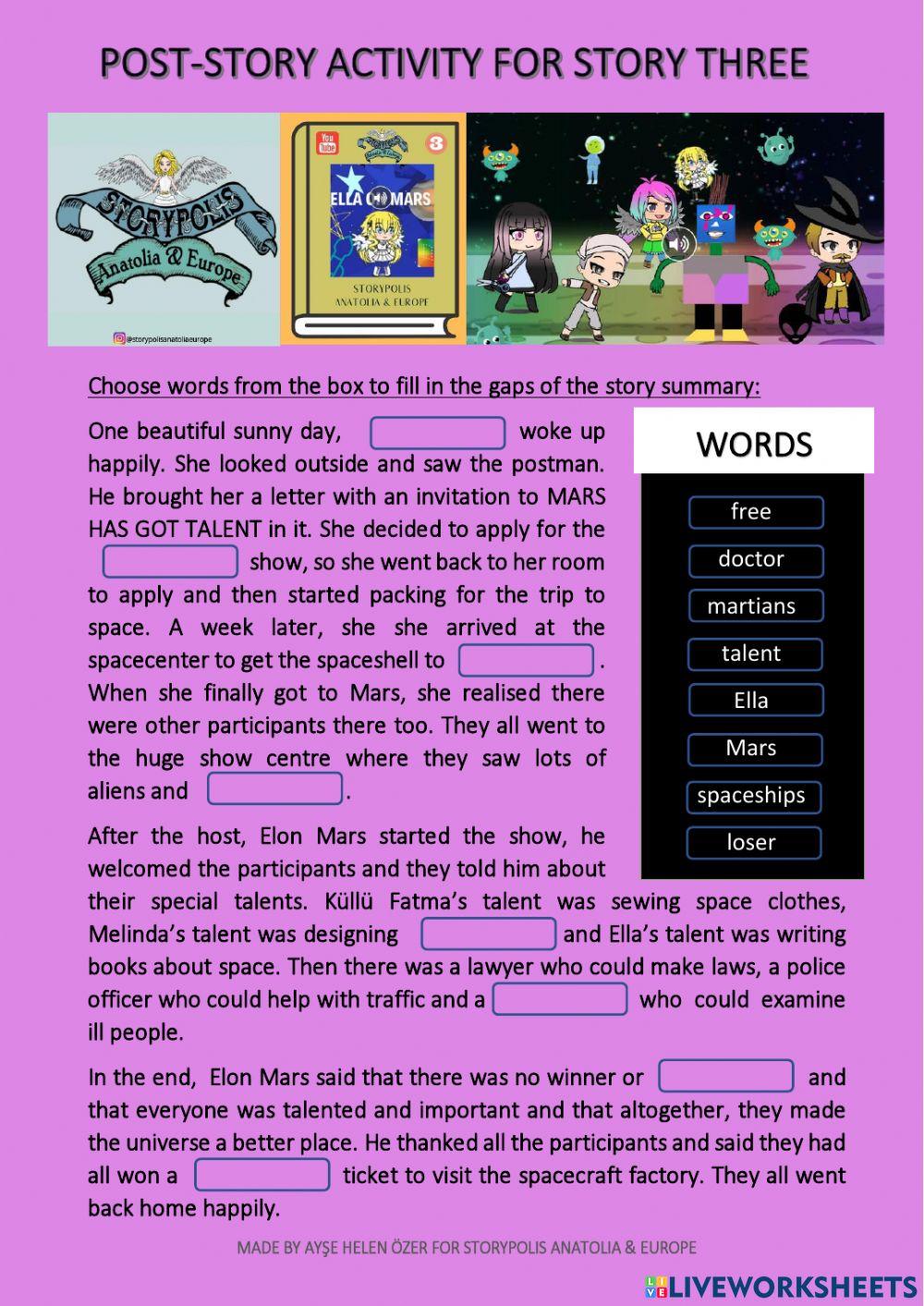 POST-STORY ACTIVITY FOR STORY THREE: ELLA ON MARS