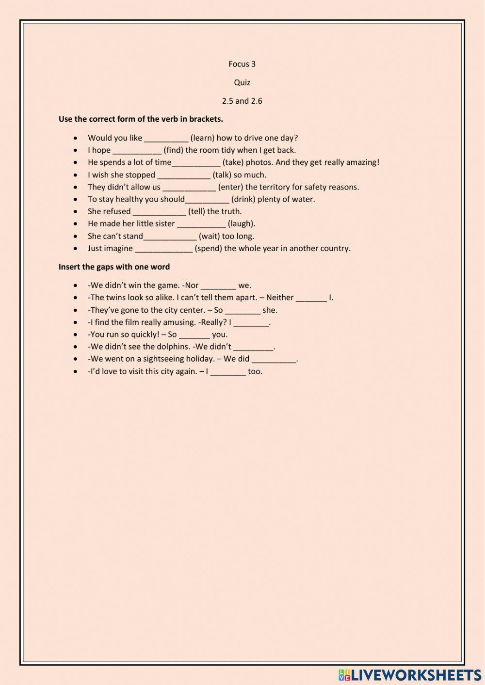 Verb patterns a… | Free Interactive Worksheets | 4887593