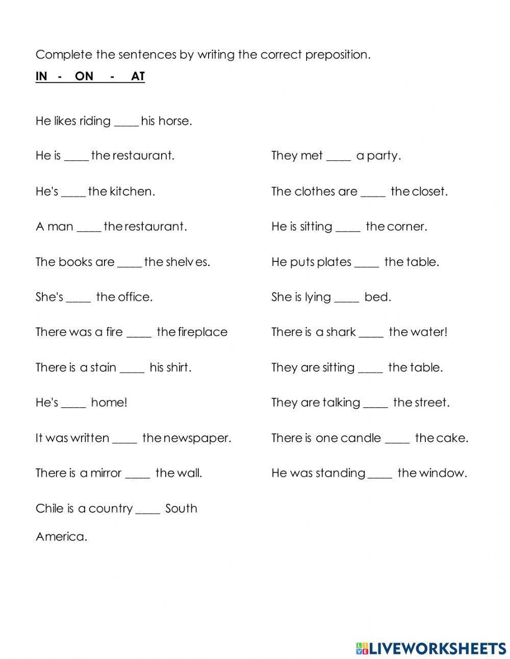 Prepositions in, on, at
