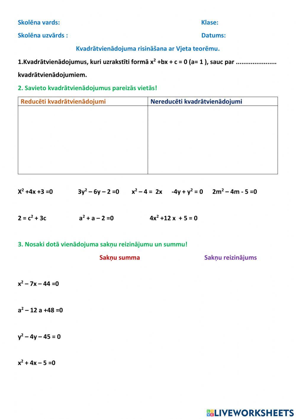 Kvadrātvienādojums-Vjeta teorēma
