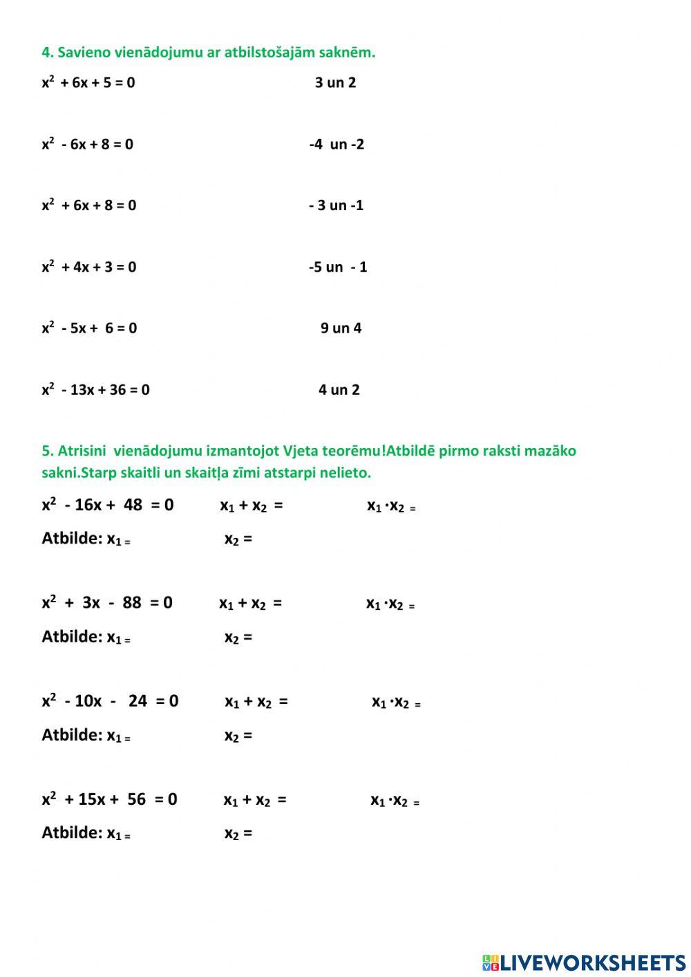 Kvadrātvienādojums-Vjeta teorēma