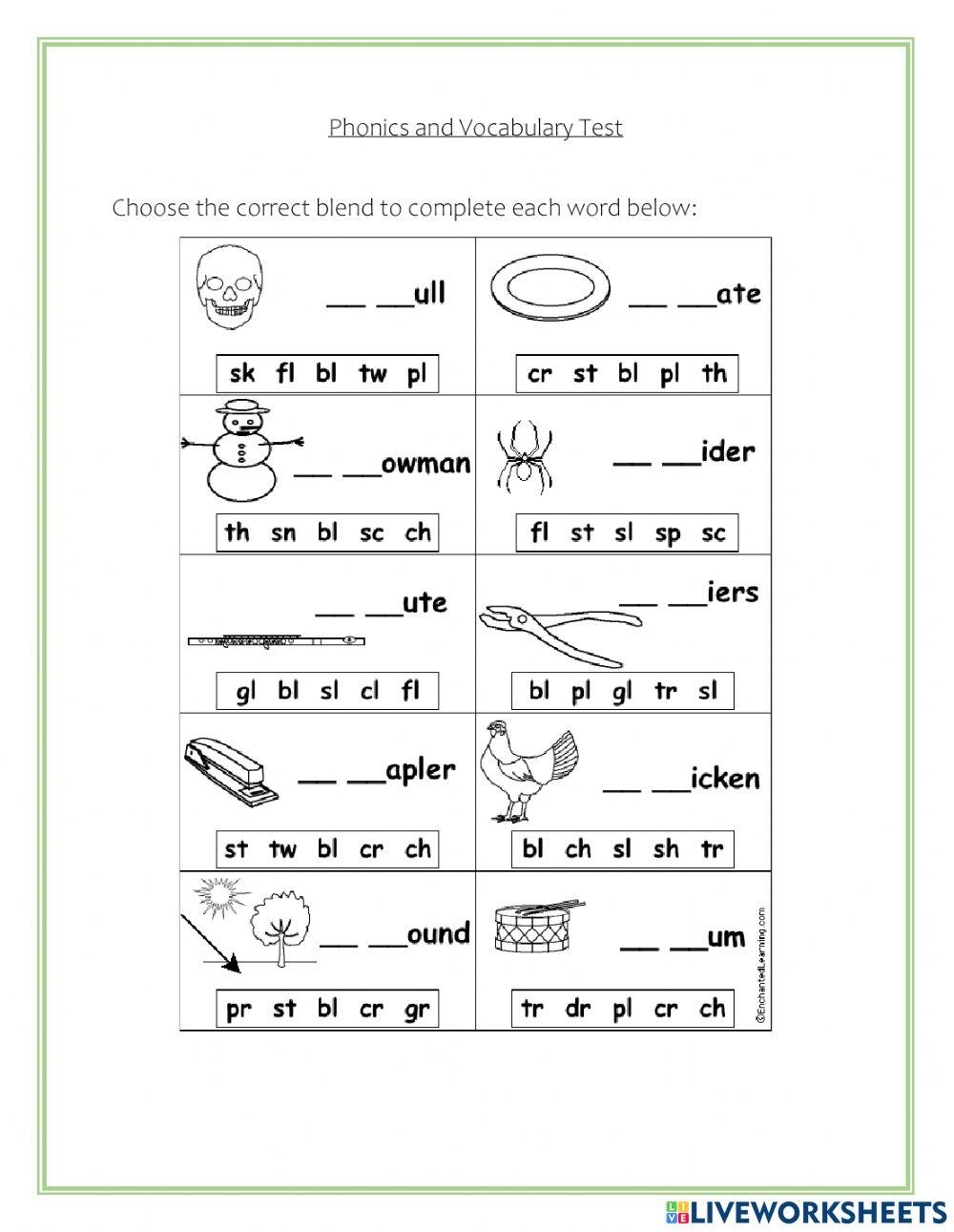 Phonics and Vocabulary Evaluation worksheet | Live Worksheets