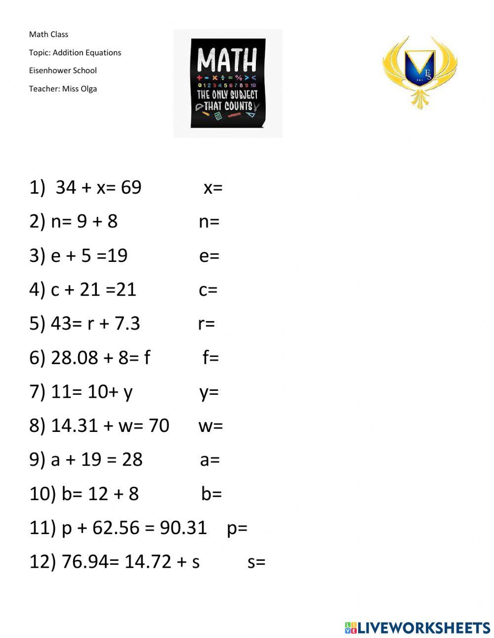 Addition Equations worksheet | Live Worksheets