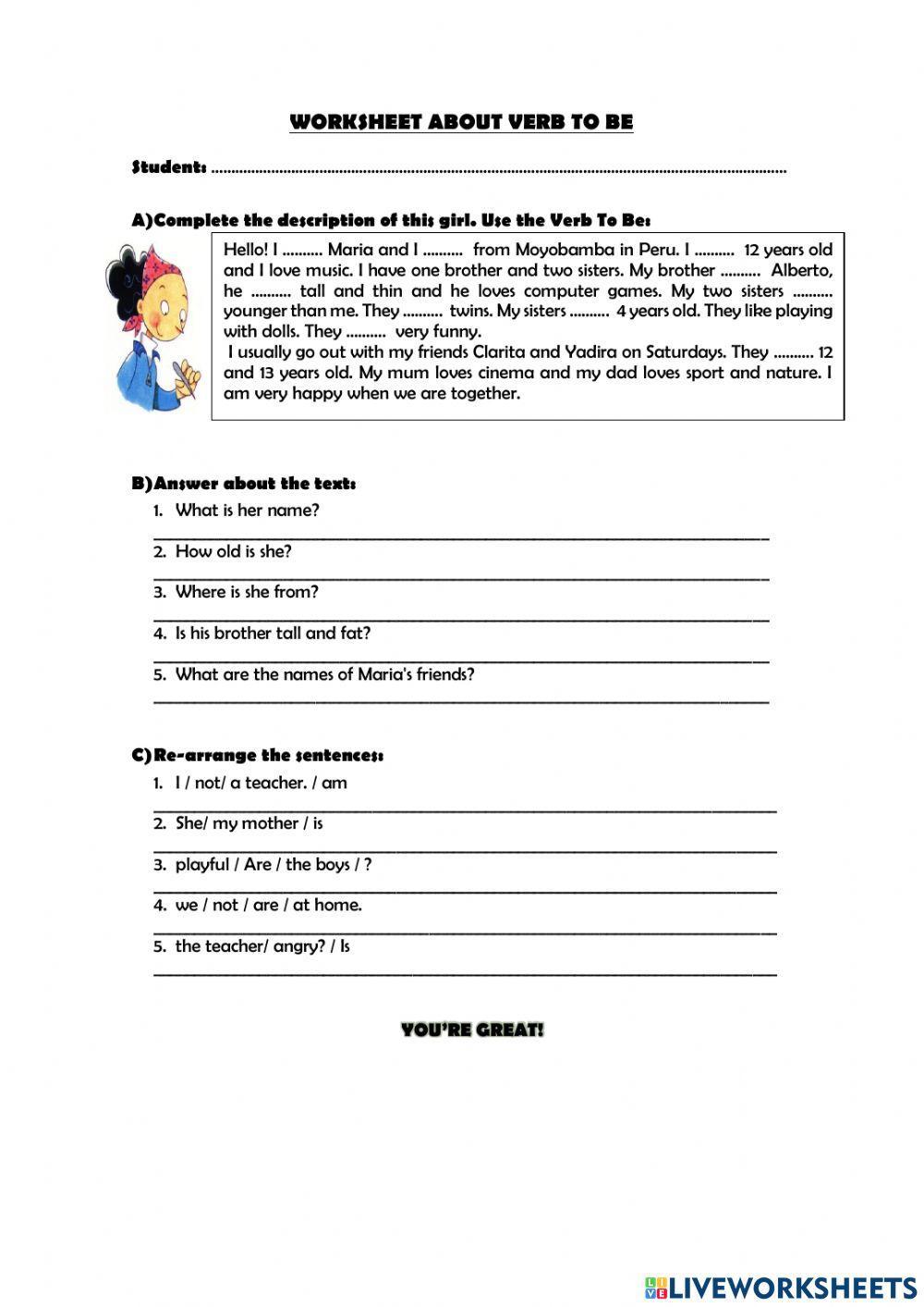 Worksheet about Verb To Be