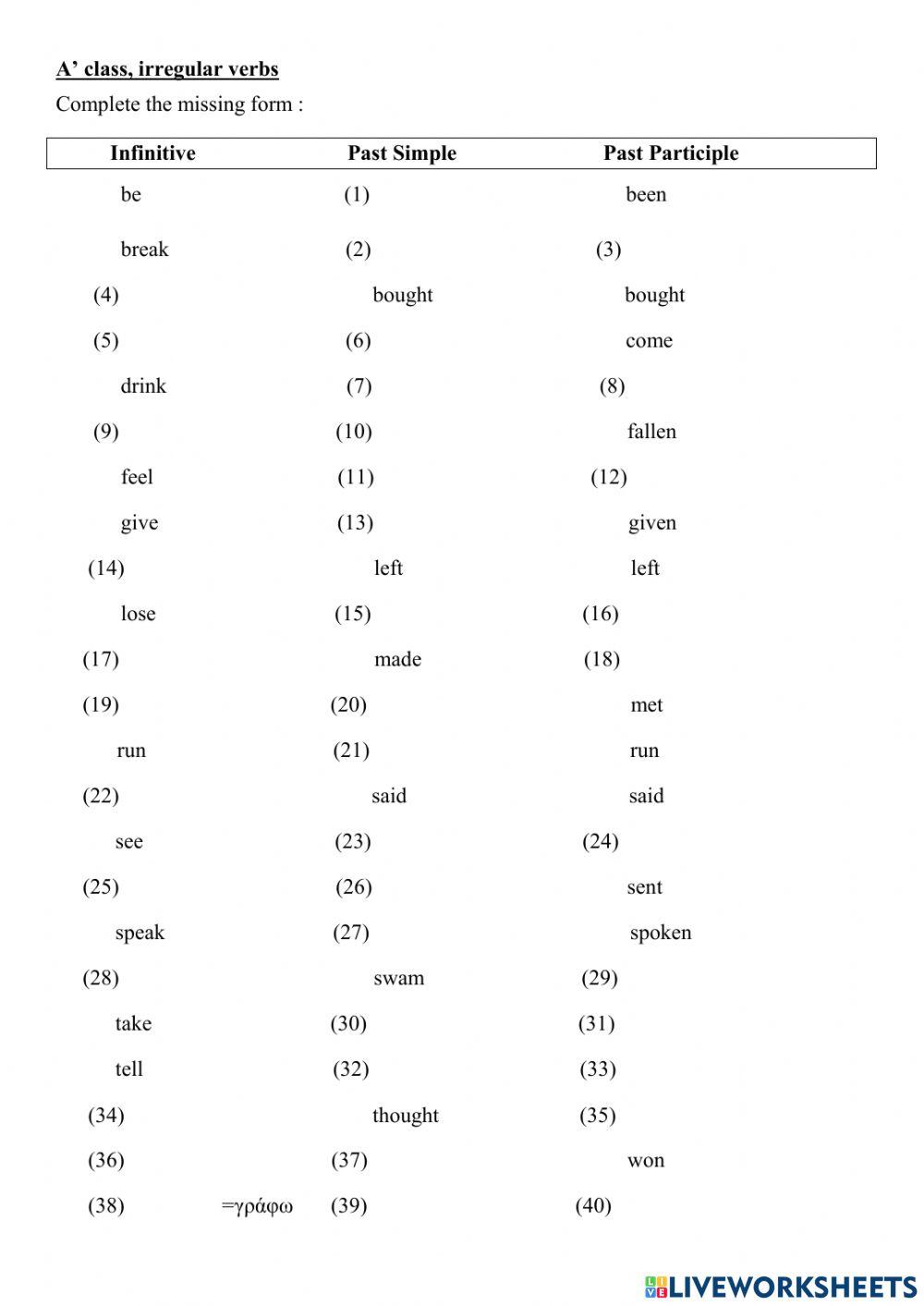 Irregular verbs list - test