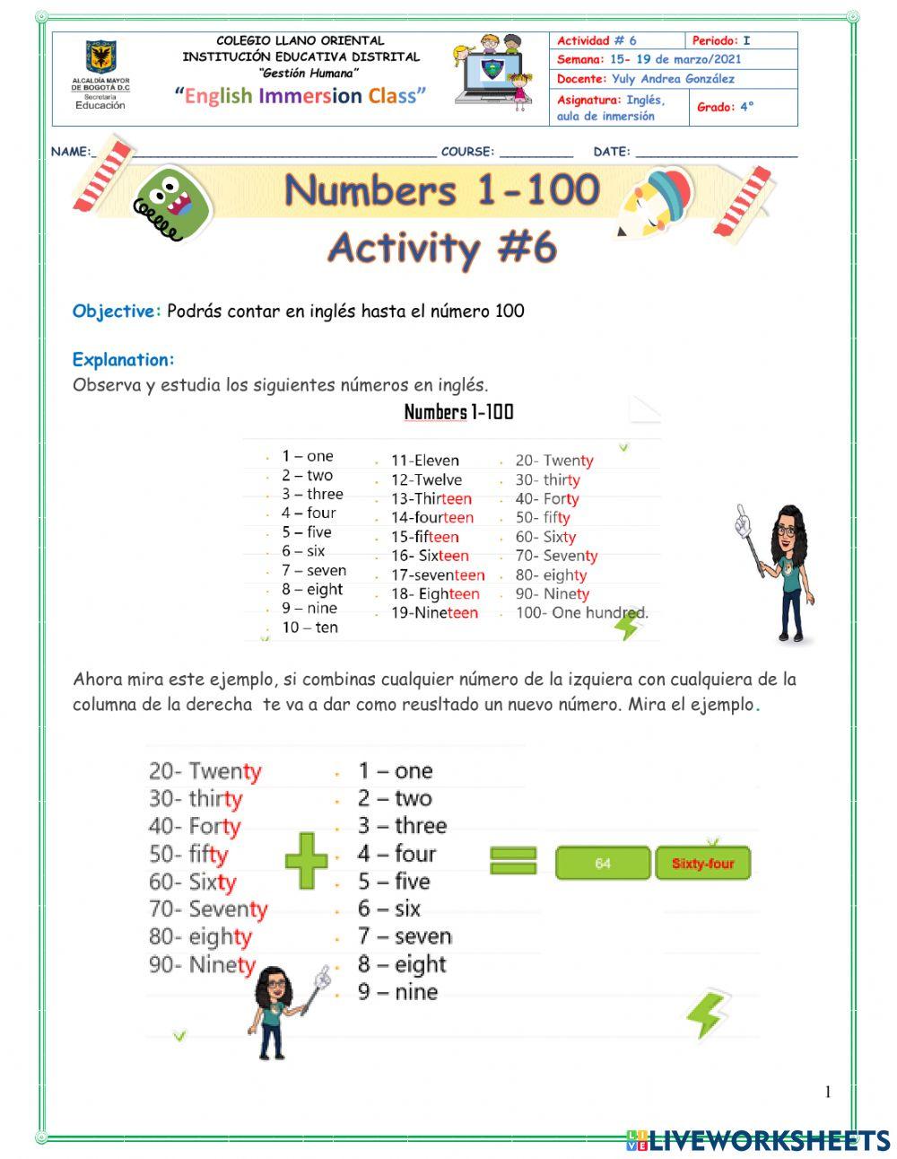 ACTIVITY -6  GRADO 4, SEMANA 15 - 19 DE MARZO, NUMBERS
