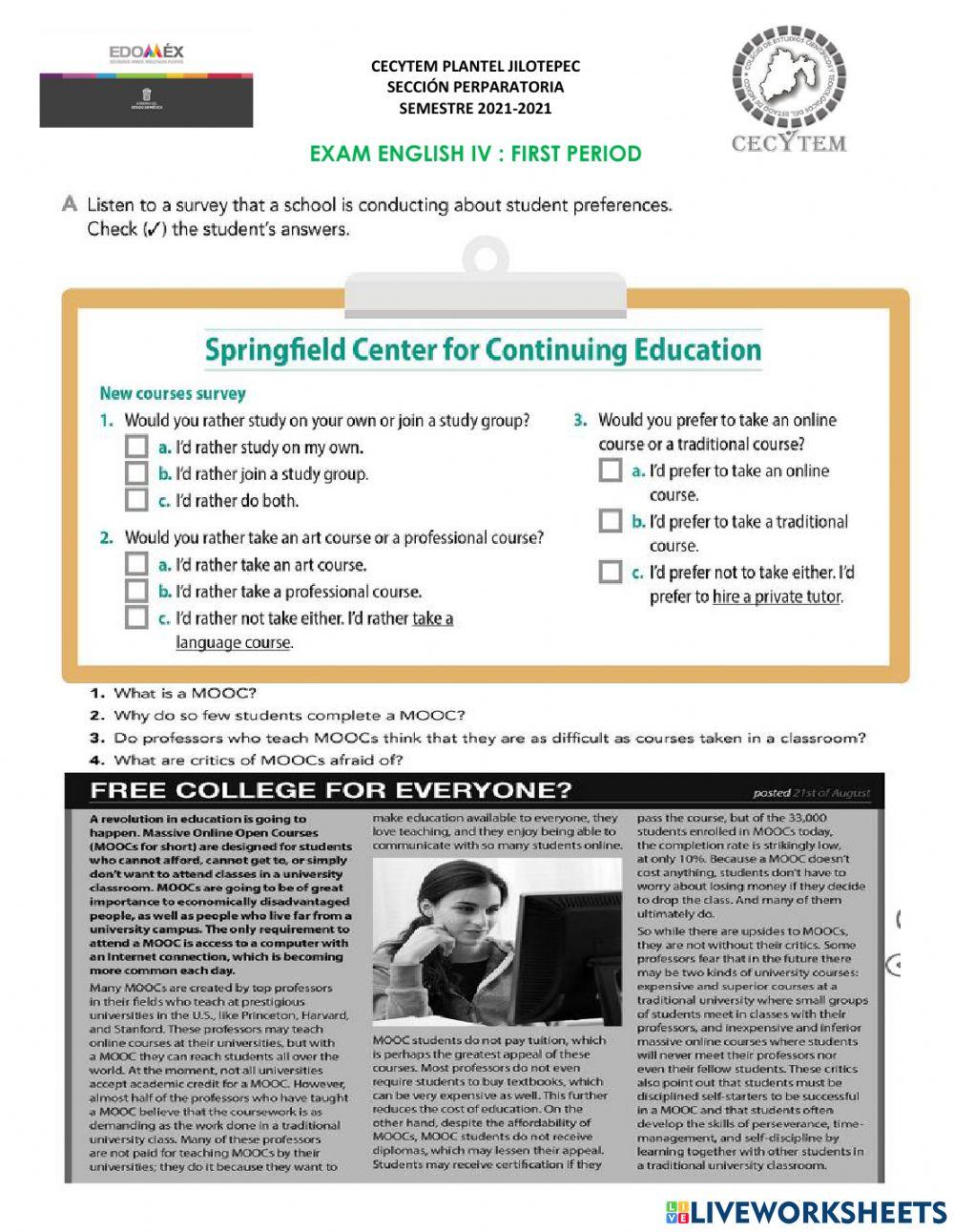 ENGLISH IV: EXAM FIRST PERIOD 