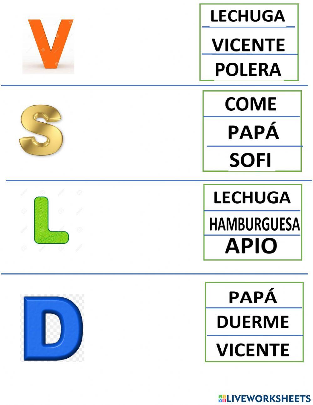 Une la letra a la palabra que comience con la misma letra
