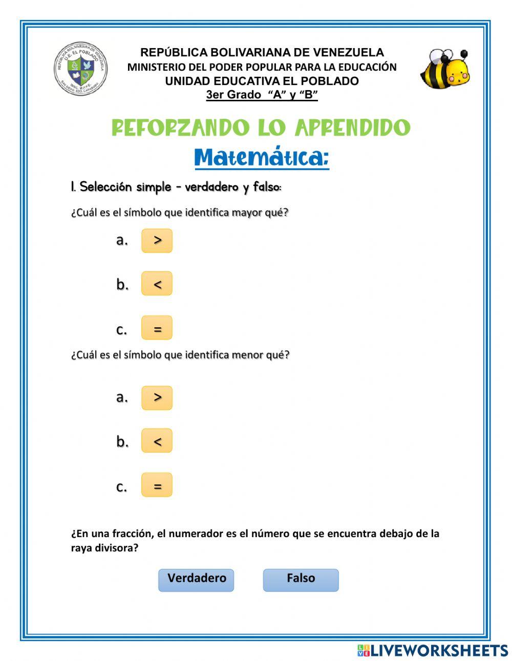 Evaluación de Matemática 3er Grado, fracciones