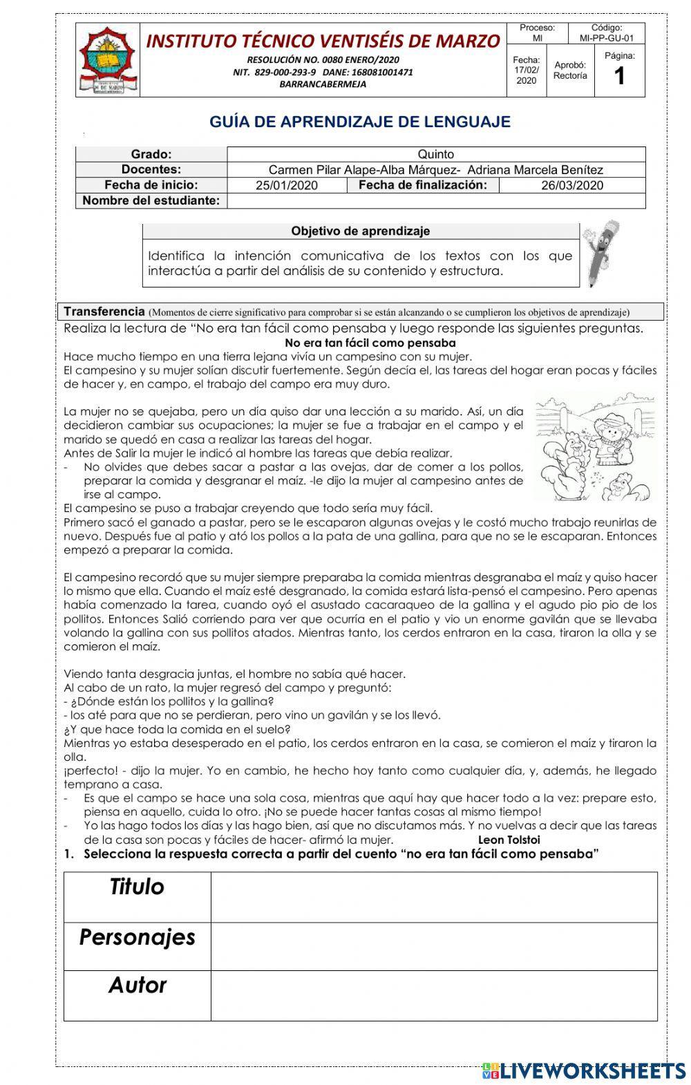 Lenguaje  grado quinto