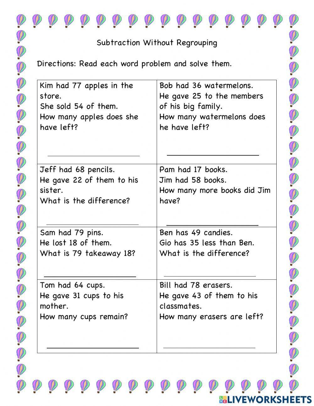 2 Digit Subtraction Without Regrouping