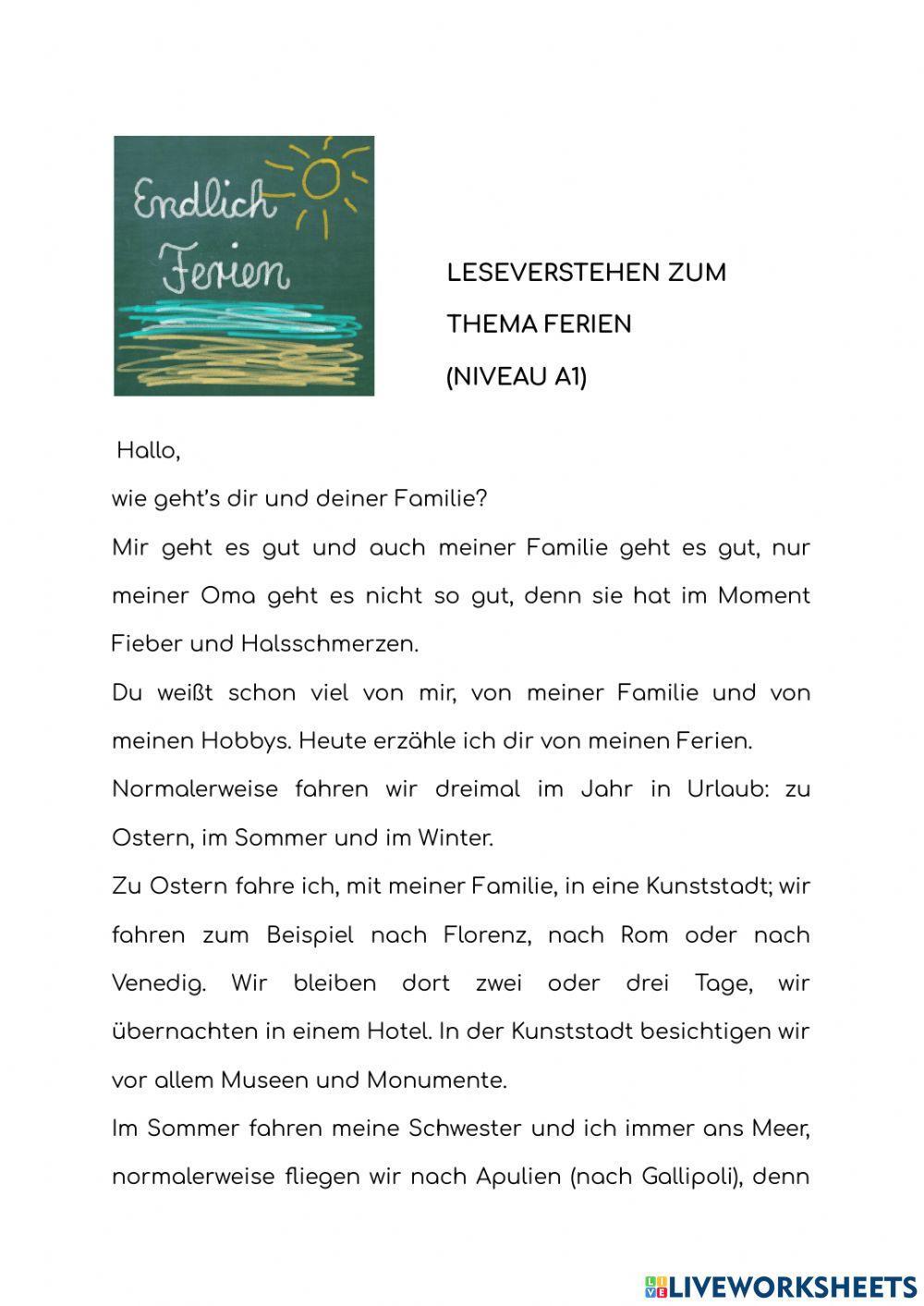 Leseverstehen Ferien