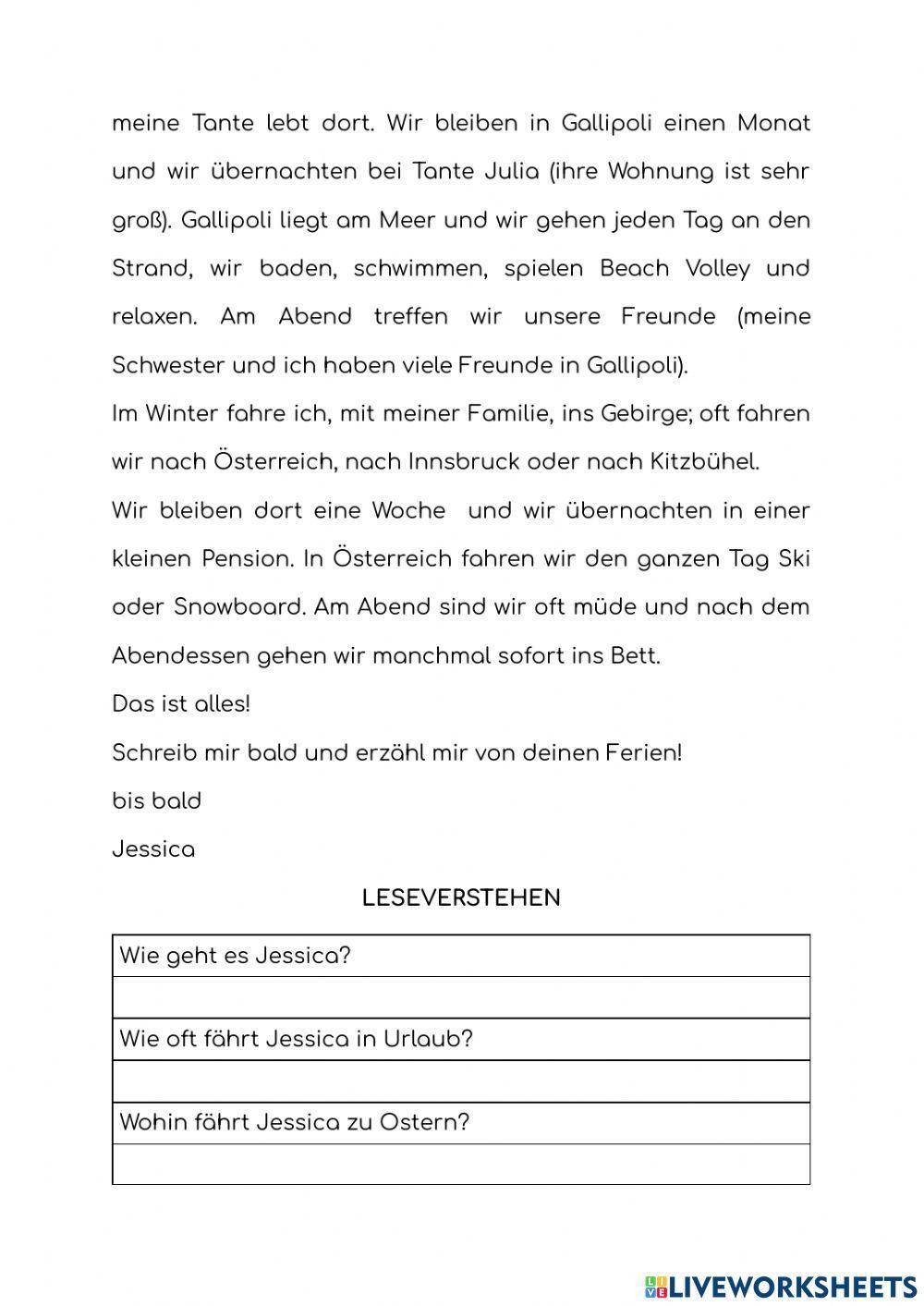 Leseverstehen Ferien