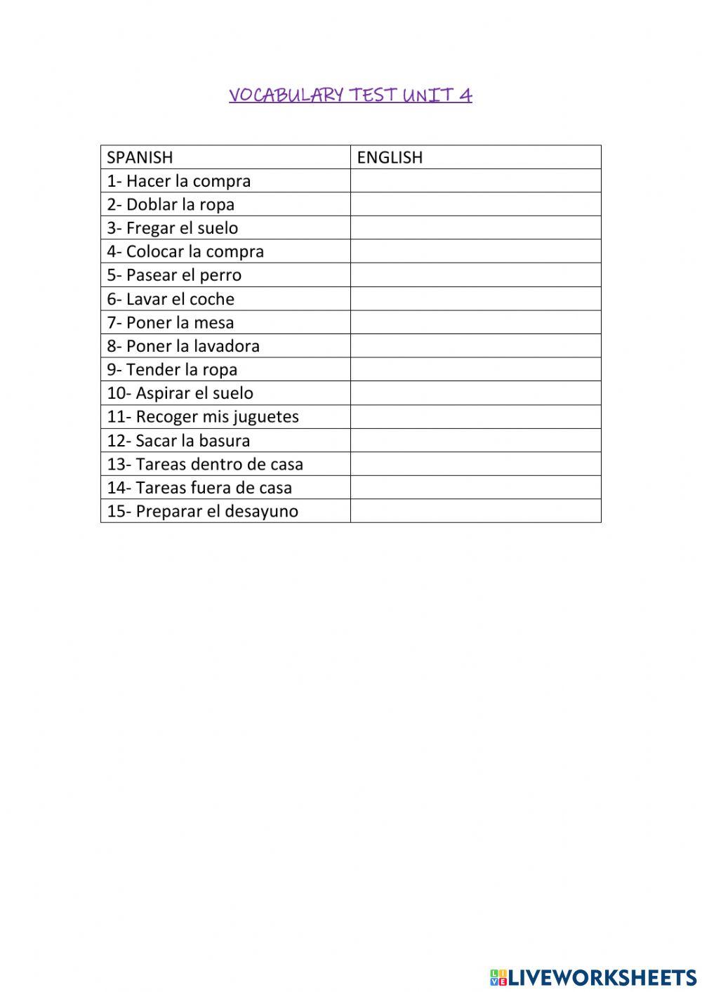 Spanish Household Items Vocabulary Word List Worksheet & Answer Key