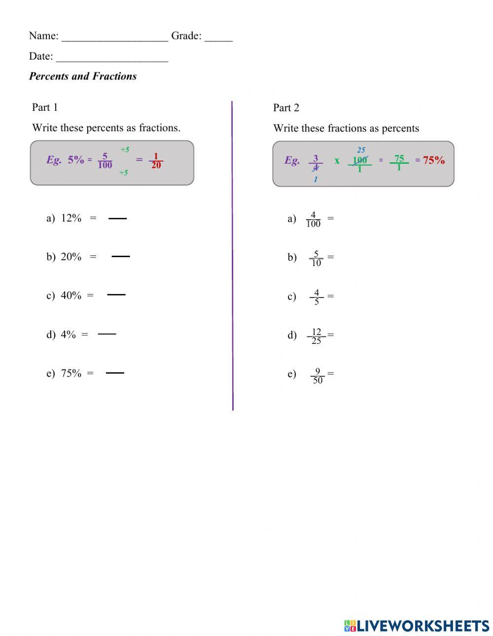 Percents and Fractions Percents and Fractions