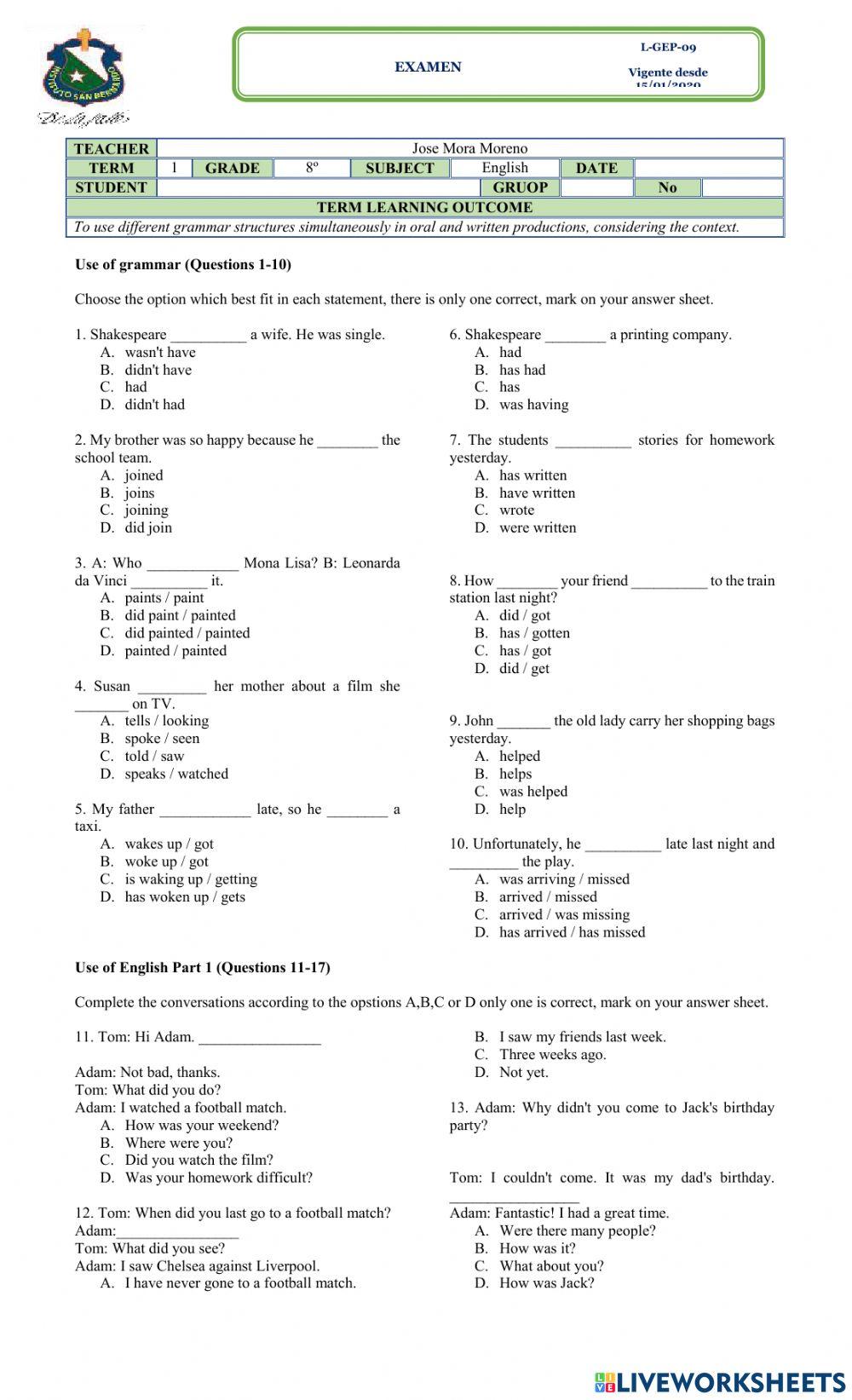 Final Test  8° 1st Term