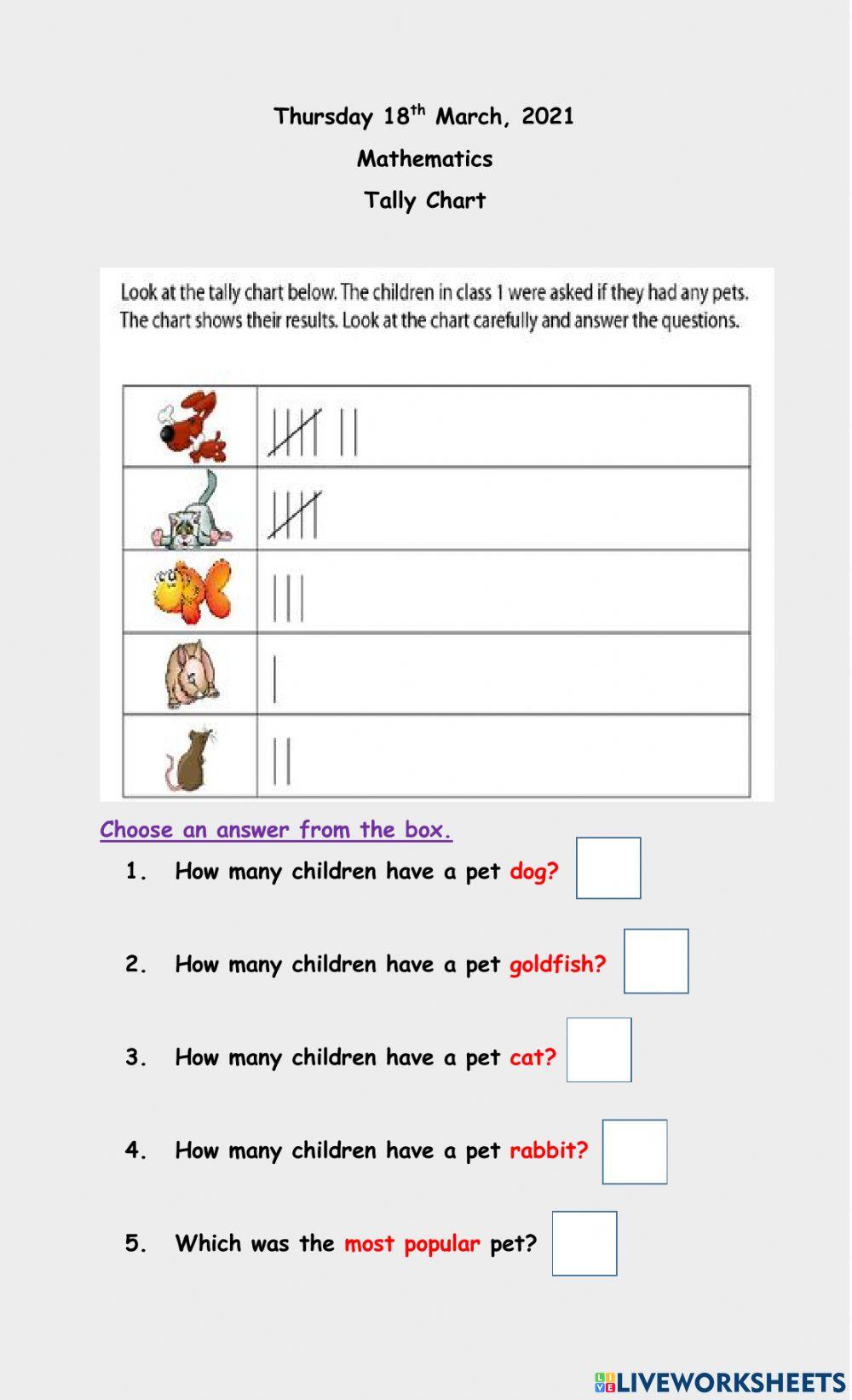 Tally chart online exercise for live worksheets