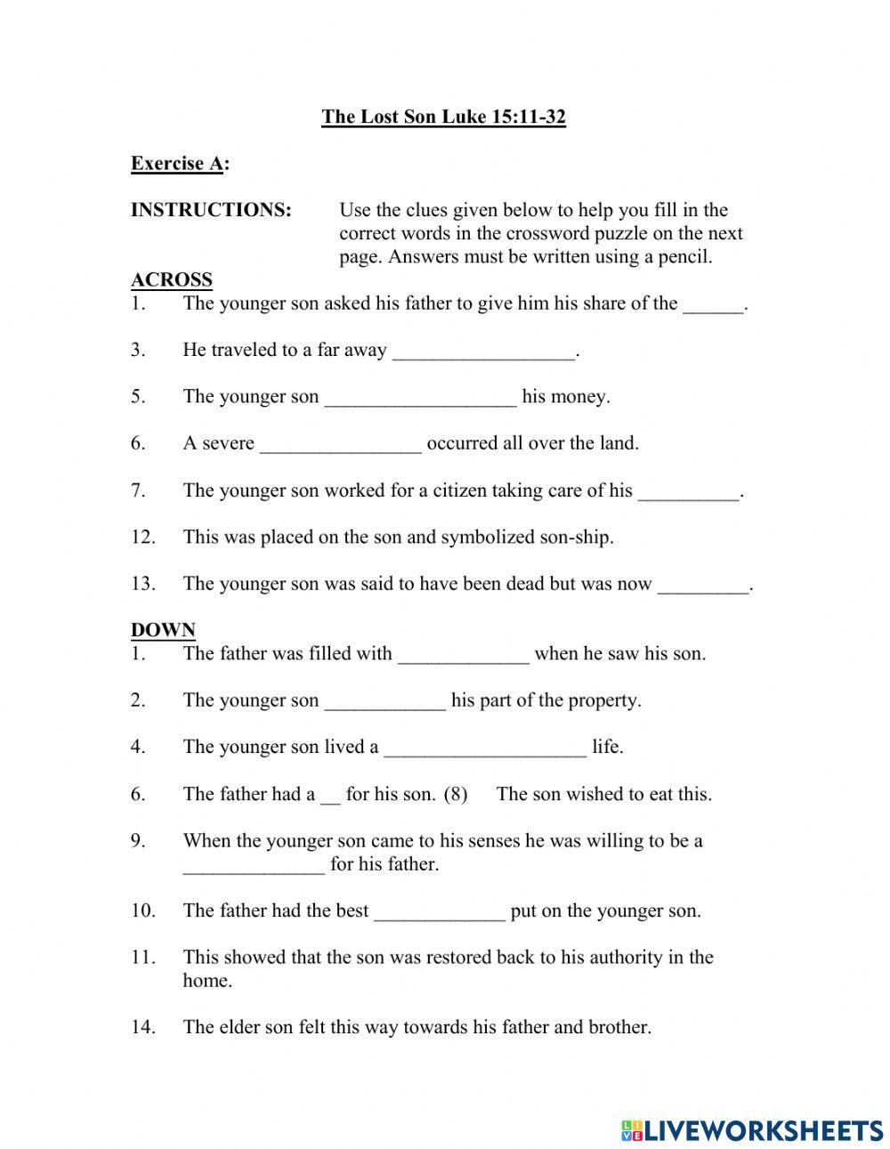 The Parable of The Lost Son Crossword Puzzle