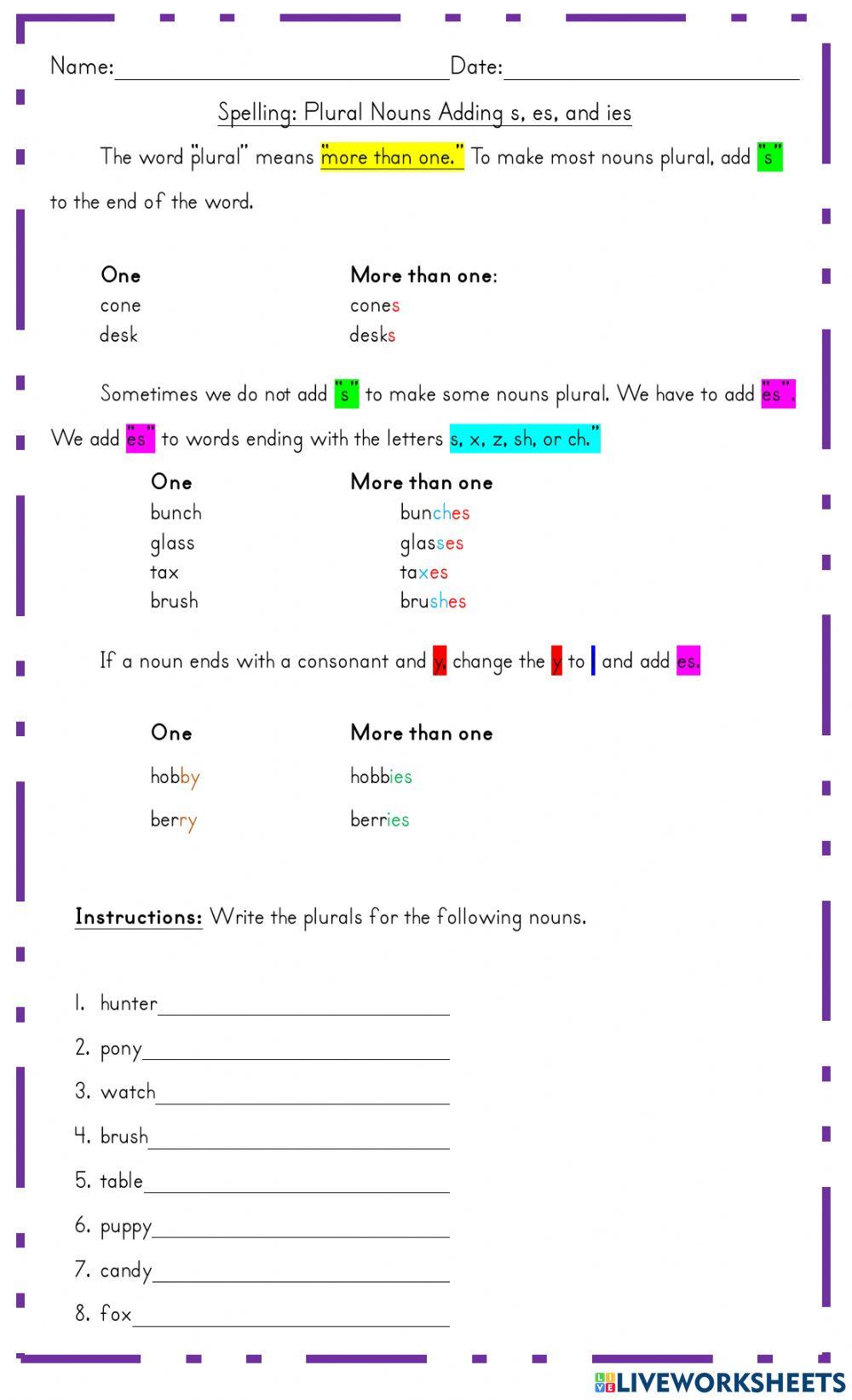 Plural Nouns Adding S, Es, And Ies