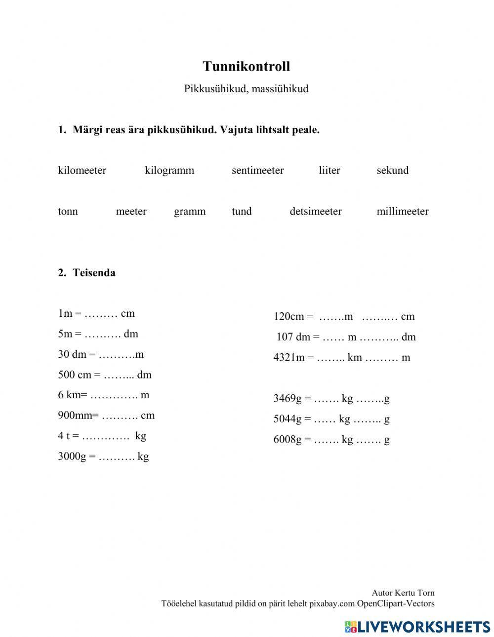Pikkus- ja mahuühikud 3.klass