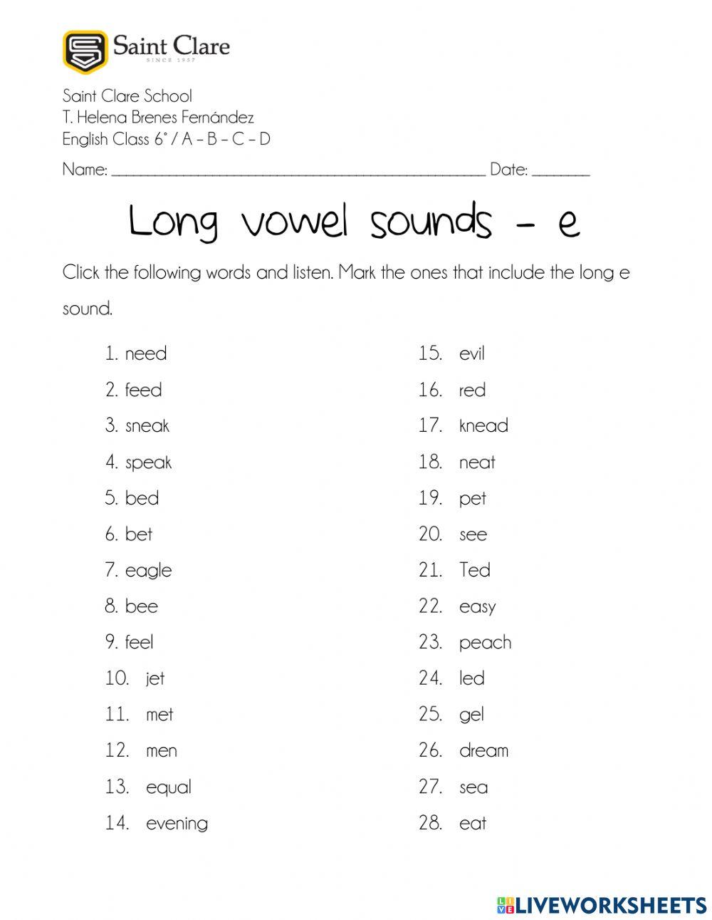 Long vowel e online worksheet | Live Worksheets