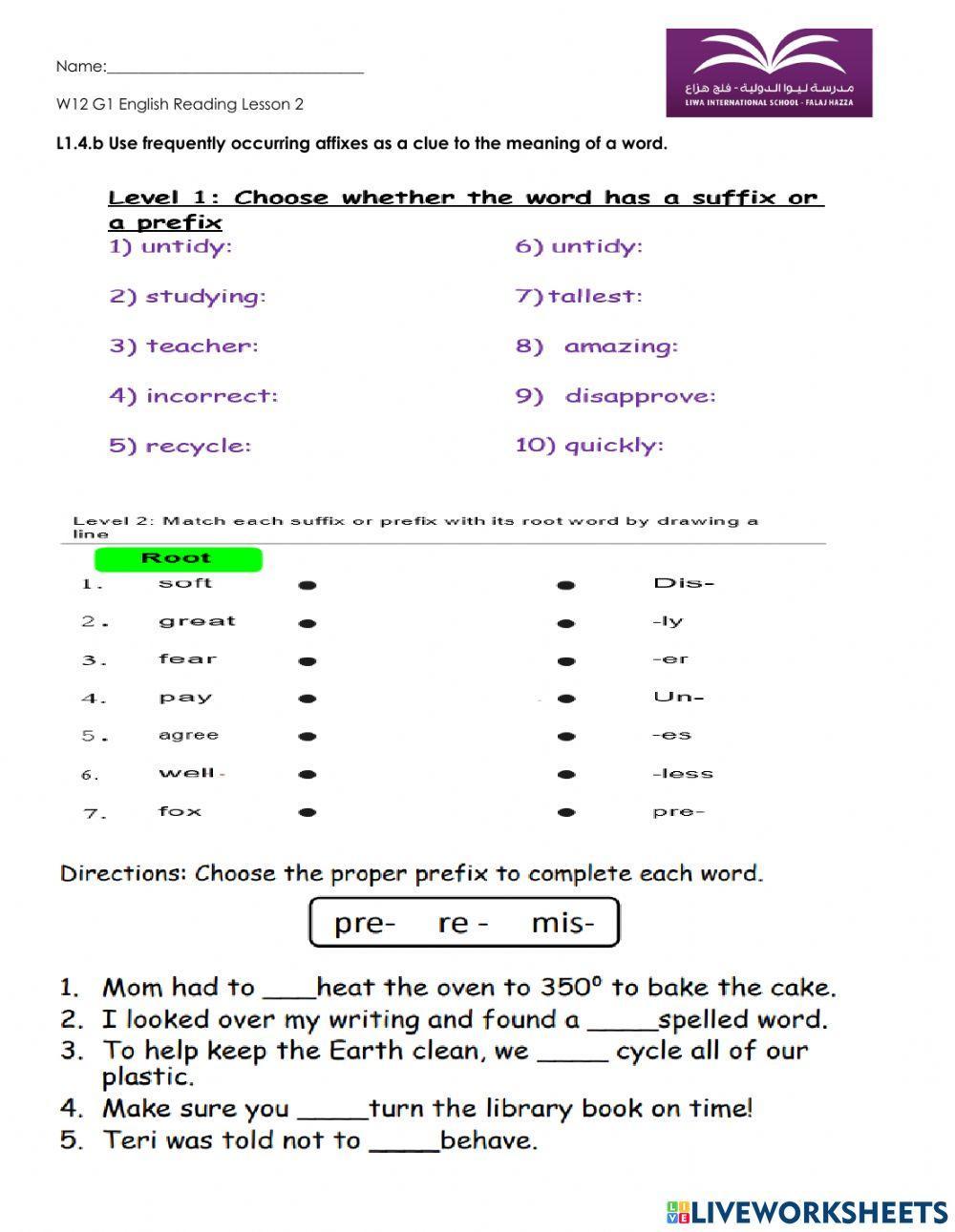 Prefix and Suffix Grade 1