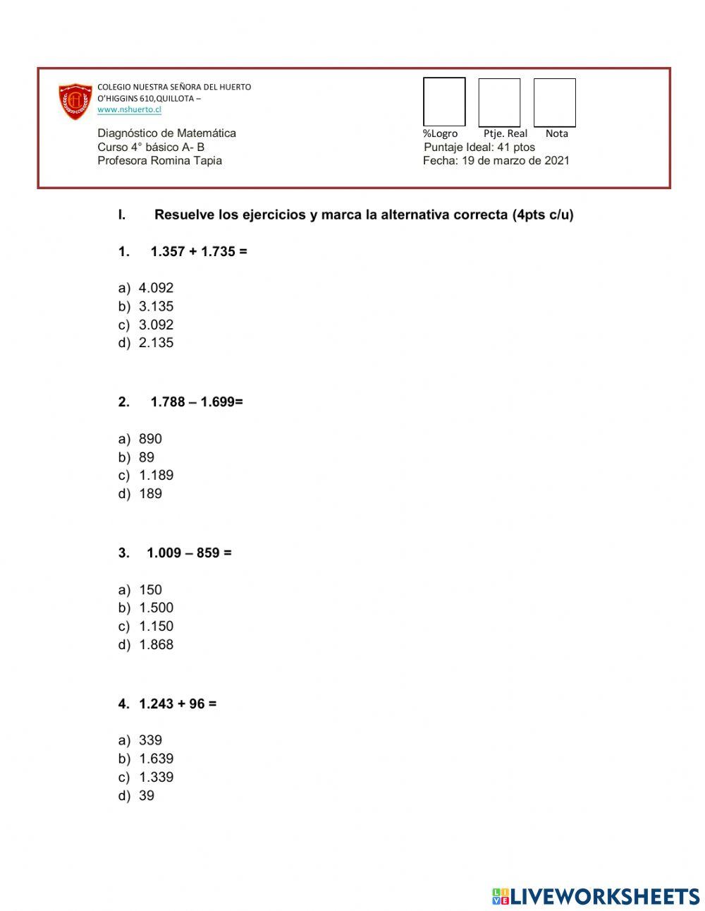 Prueba de diagnóstico 4° Matemática