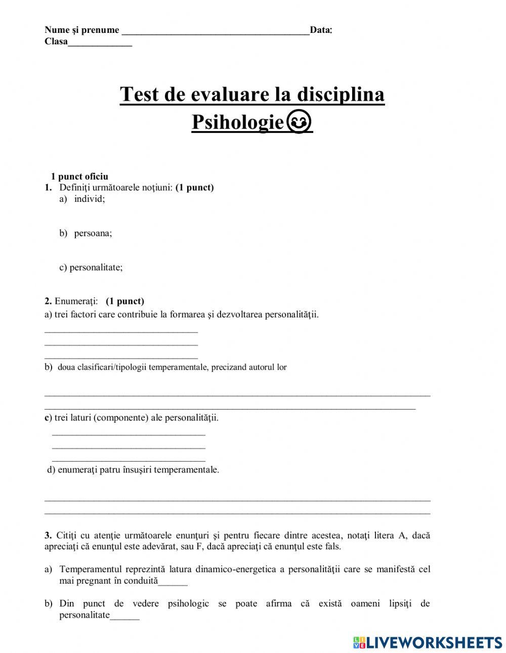 Test de evaluare la disciplina Psihologie