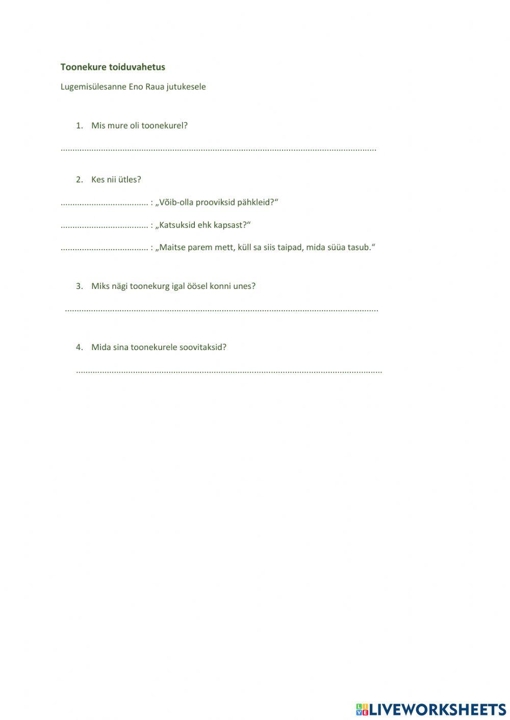 Toonekure toiduvahetus, tekst: 2. klassi Koolibri lugemiku II osa lk 89