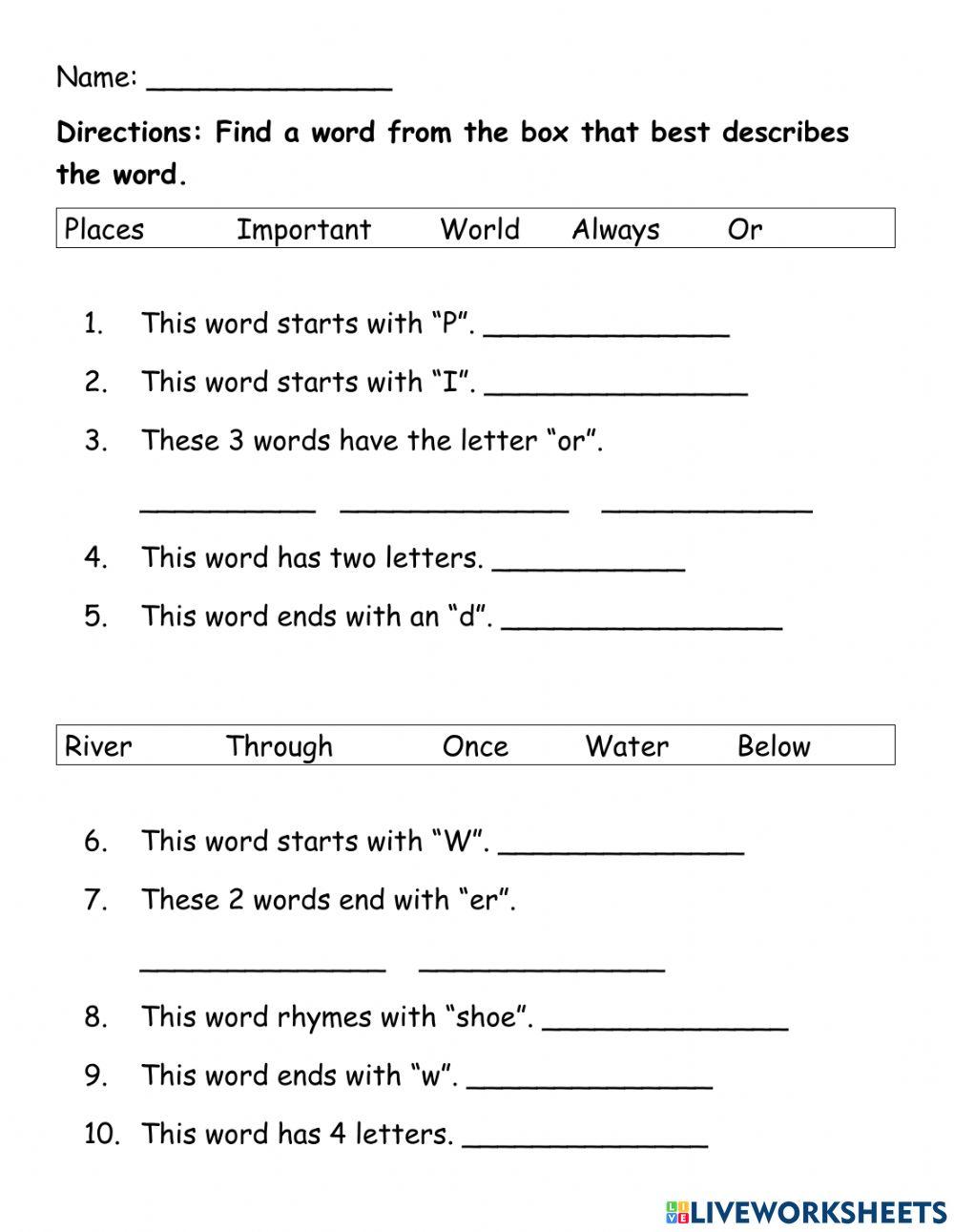 High Frequency words: river, below, important