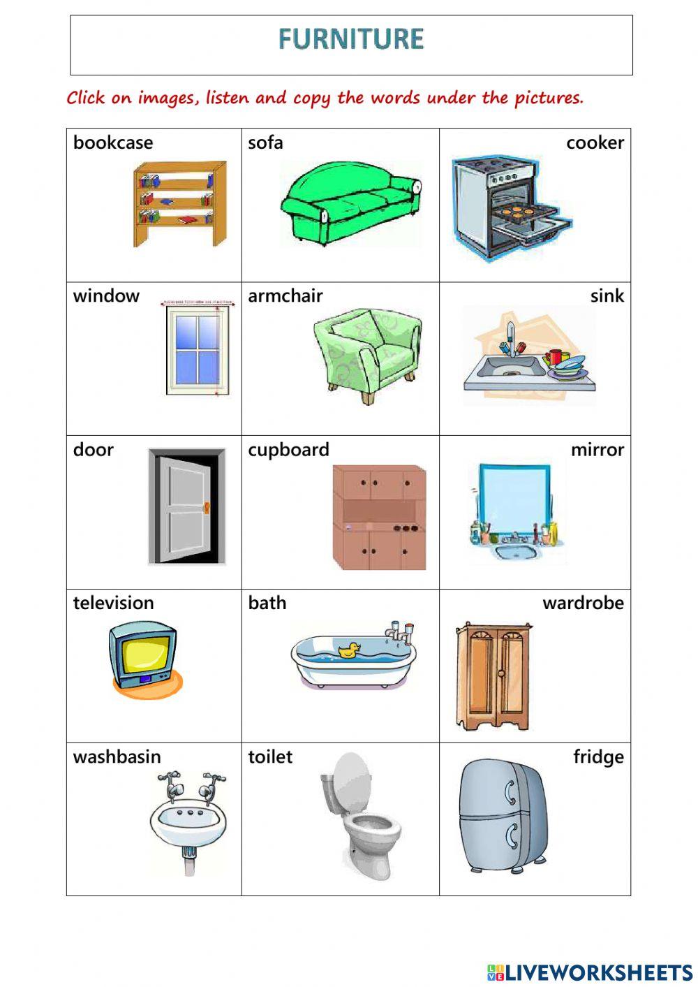 furniture listen write worksheet Live Worksheets