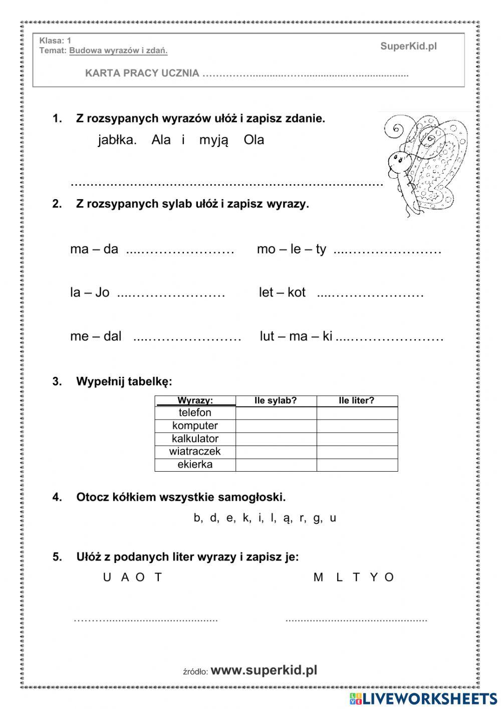 Układanie wyrazów i zdań