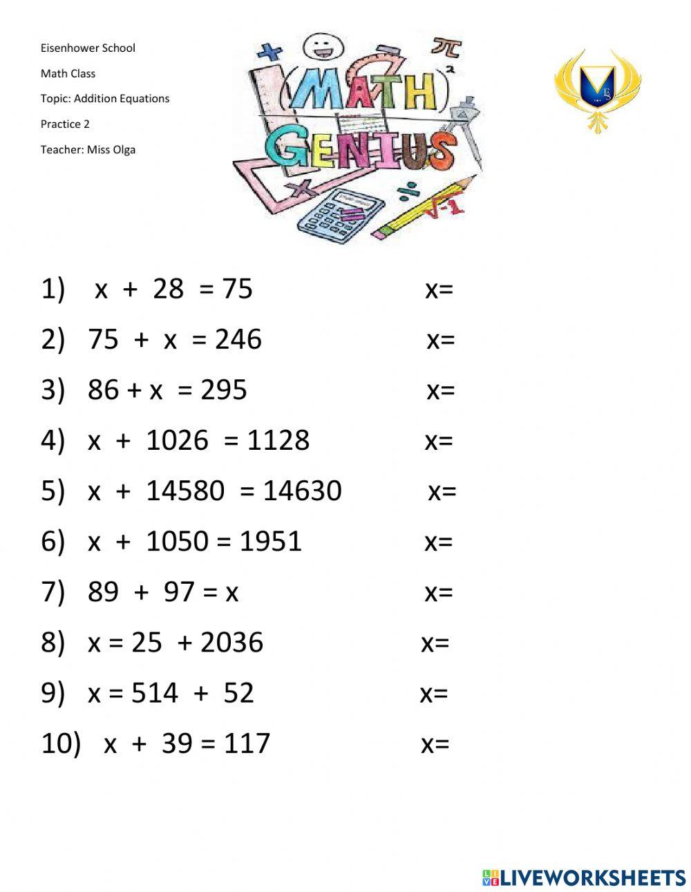Addition Equations Worksheet 2 830099 | OLGA LUCIA PARADA