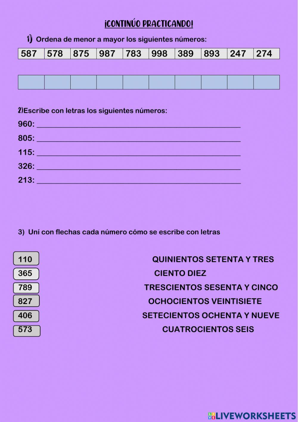 Practico Ordenar Números de 3 cifras Practico Ordenar Números de 3 cifras